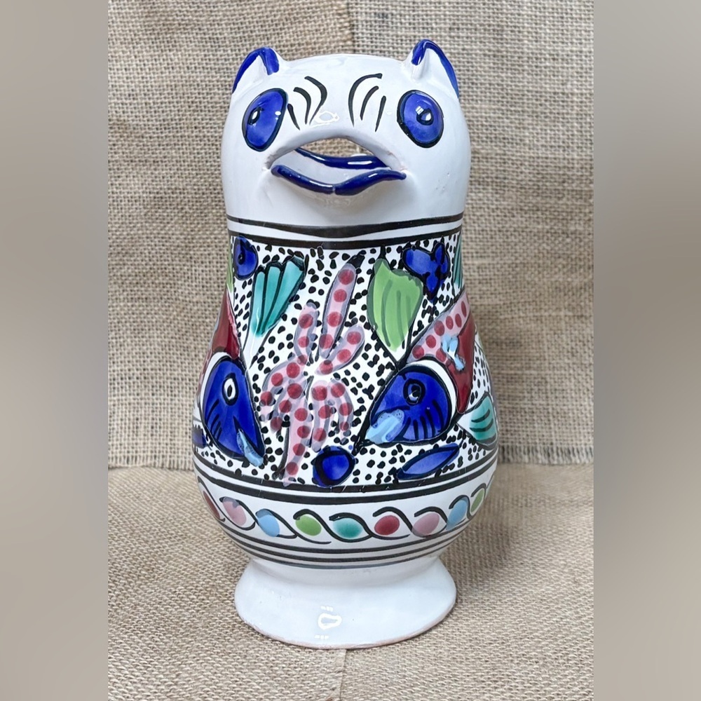 Cat Pitcher Vase Hand Painted Fish Art Pottery Kitsch Whimsical Coastal Grandma